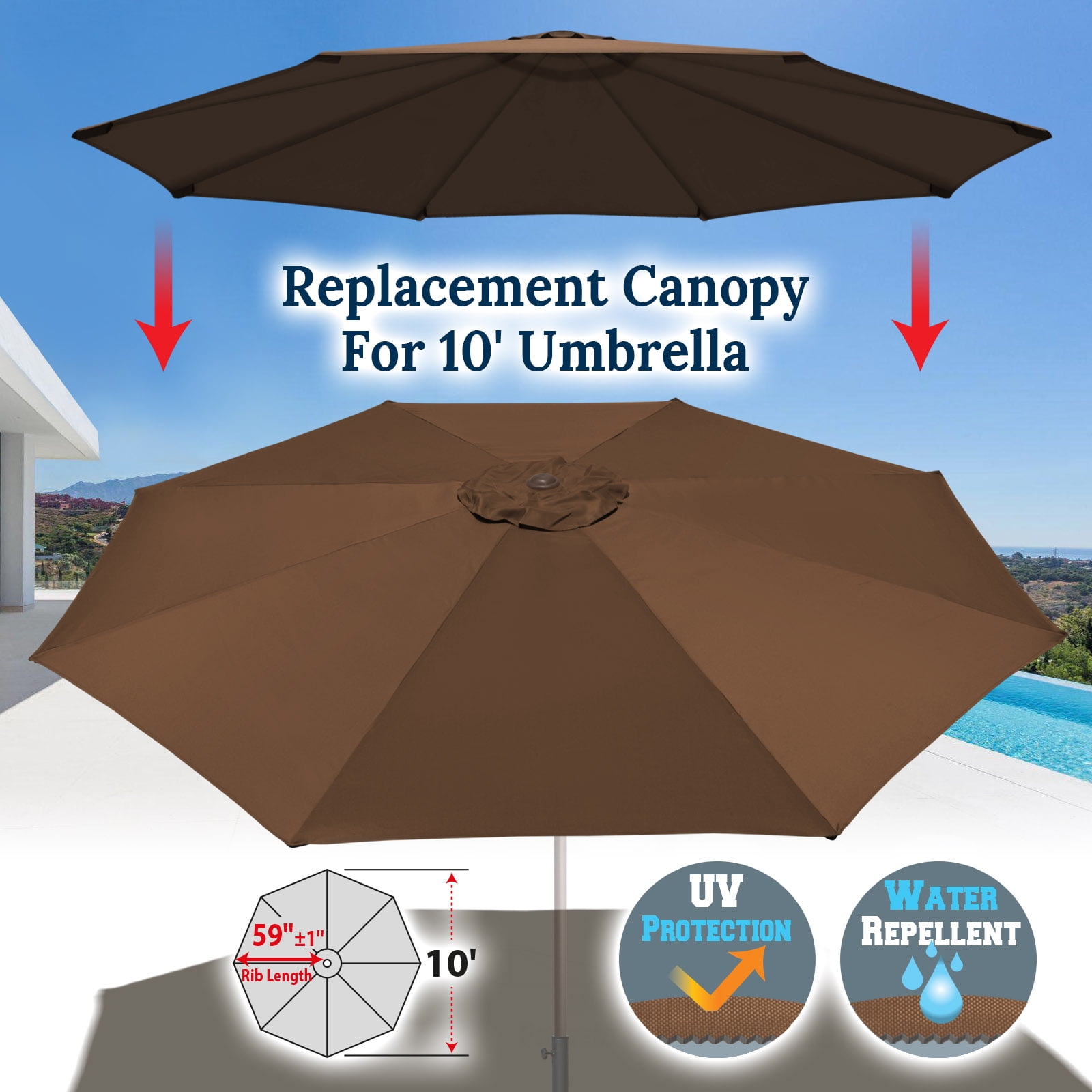 Sunrise 10' Umbrella Canopy Top Cover Patio Replacement Top Cover 8 Ribs Outdoor Sunshade (Brown, Cover only, Frame not Included)