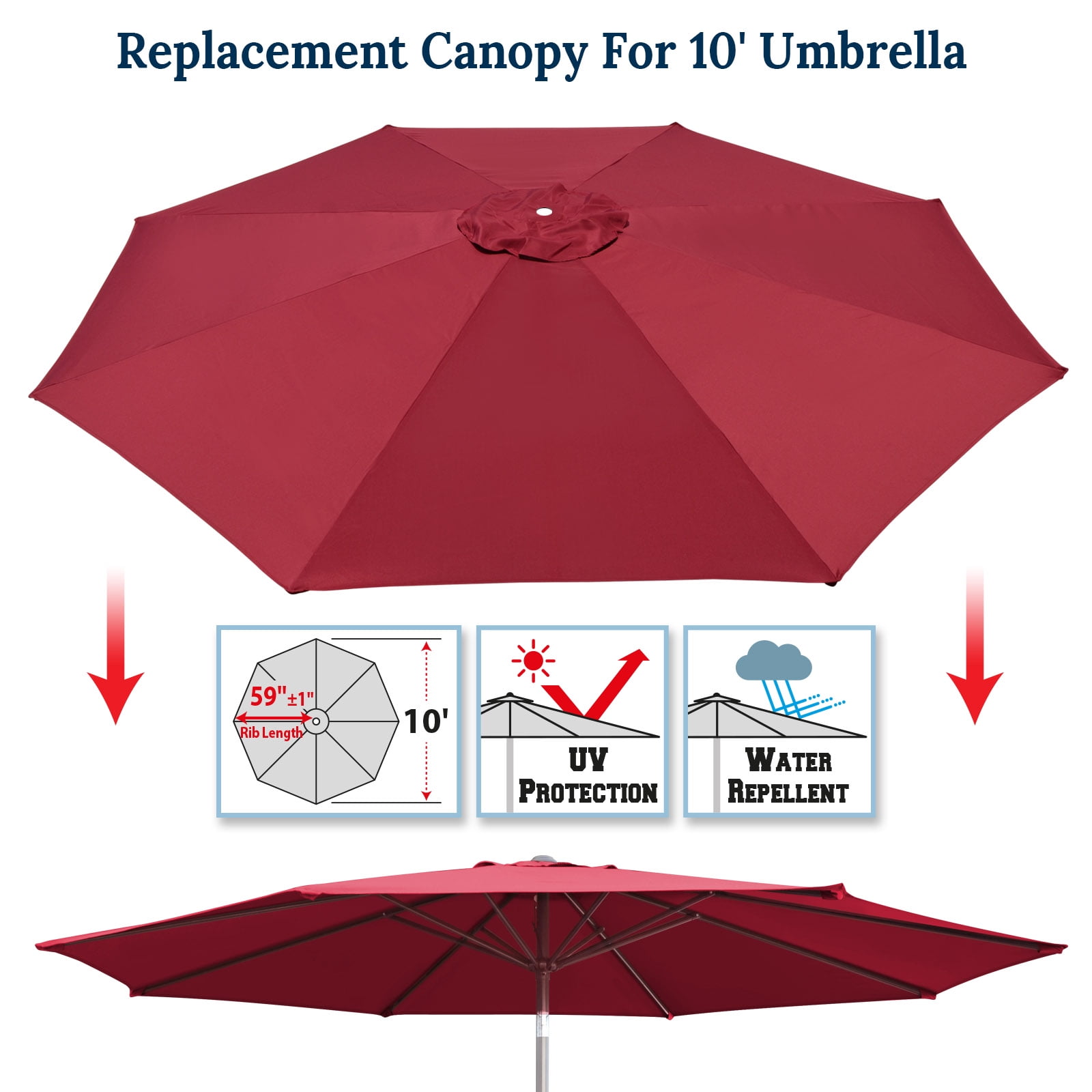 Sunrise 10' Umbrella Canopy Top Cover Patio Replacement Top Cover 8 Ribs Outdoor Sunshade (Burgundy, Cover only, Frame not Included)