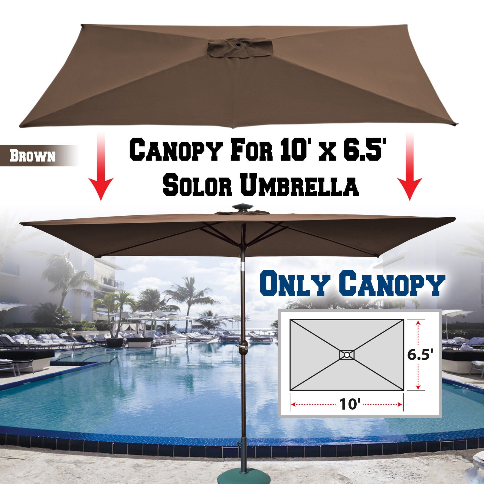 Sunrise 10 x 6.5ft 6 Ribs Outdoor, Patio Solar Rectangle Parasol Umbrella  Cover Canopy, Replacement Cover Top, Brown (Cover Only, Umbrella Frame not  ...