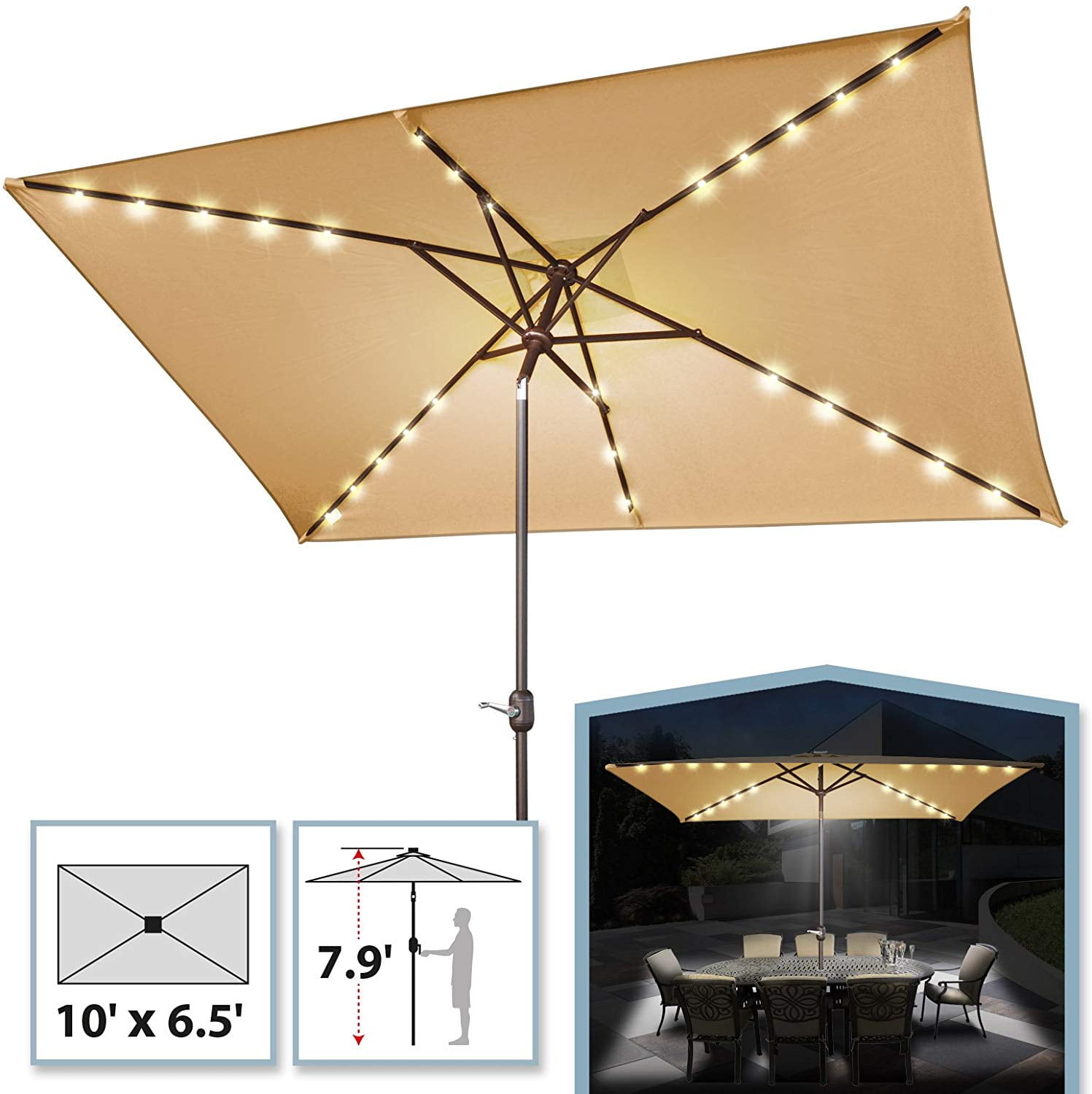 Sunrise 10'x6.5' Outdoor 26 LED Lights Patio Umbrella Rectangle