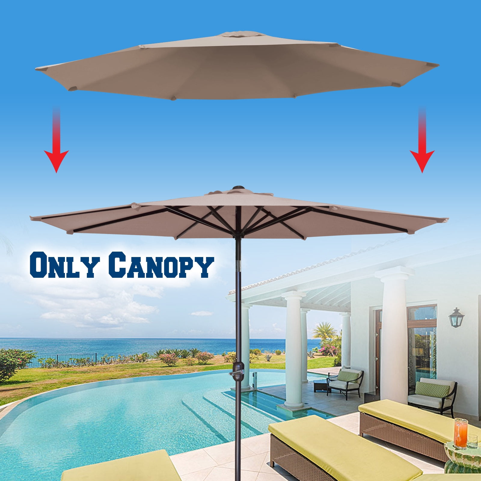 Sunrise Umbrella 8 Rib Taupe Patio Umbrella Canopy, UV Protective and Polyester