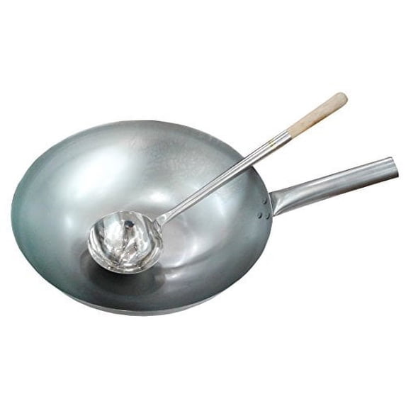 Sunrise 14 Inch Hong Kong Style Wok -Round Bottom + 18 inch length Wok Ladle