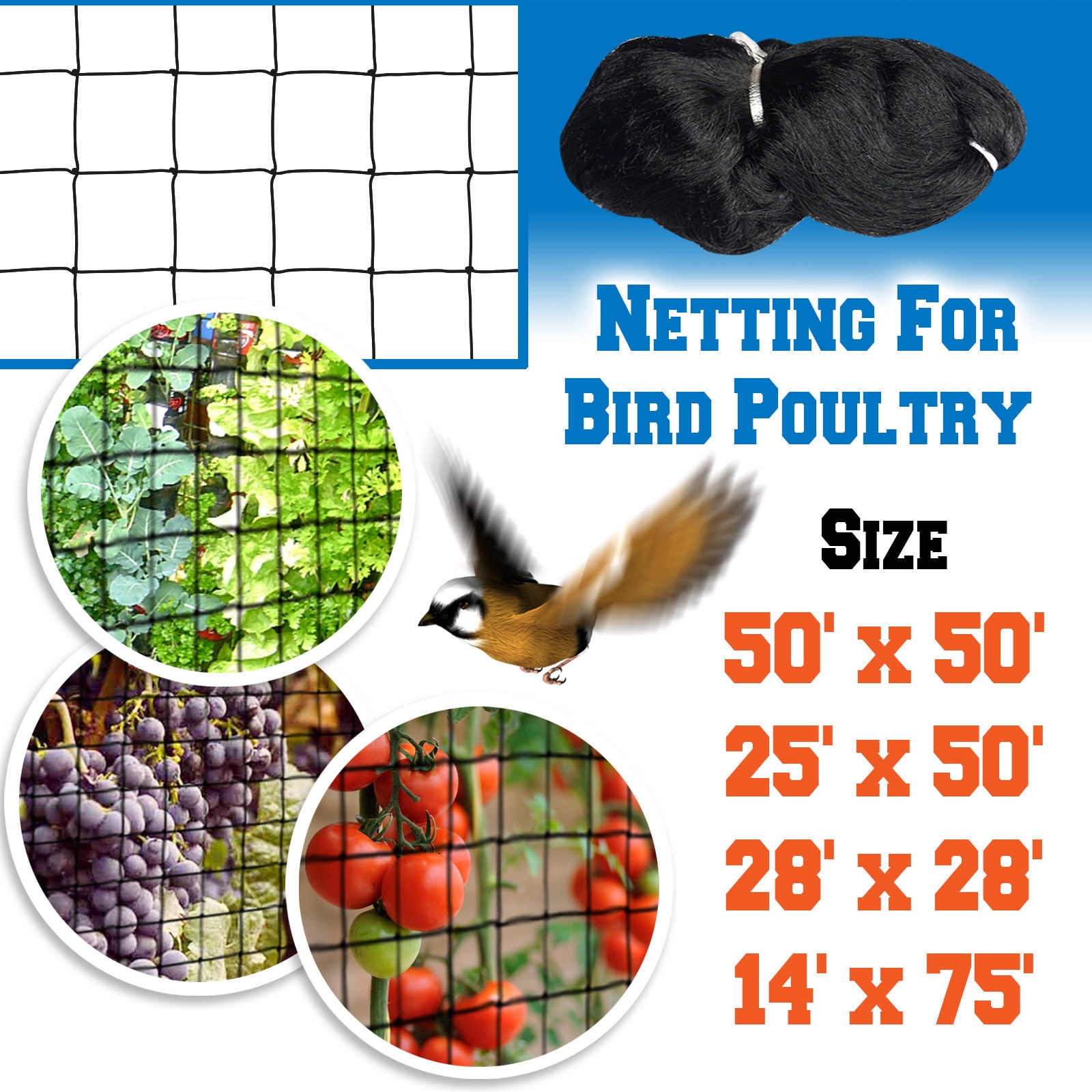 Sunrise 14'x75' Bird Net for Bird Poultry Aviary Black
