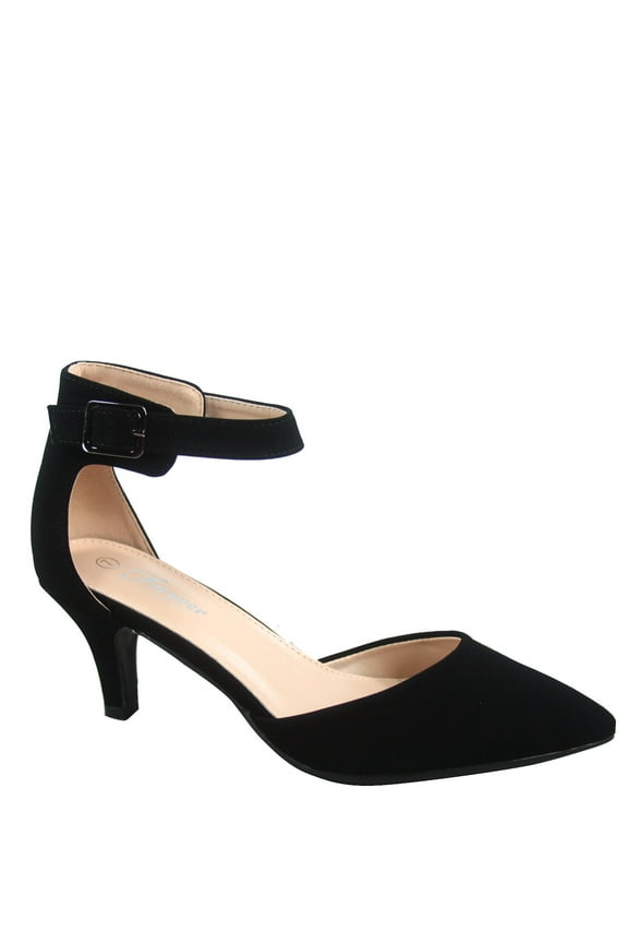 Sunrise-39 Women's Ankle Strap Buckle Pointy Toe Stiletto Low Heel Pumps ( Black, 7 )