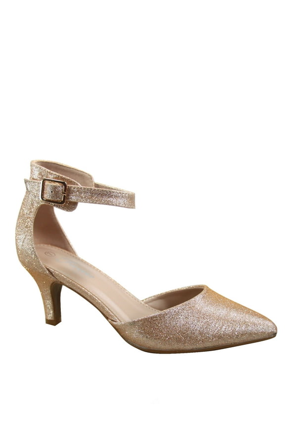 Sunrise-39 Women's Ankle Strap Buckle Pointy Toe Stiletto Low Heel Pumps ( Champagne, 7.5 )