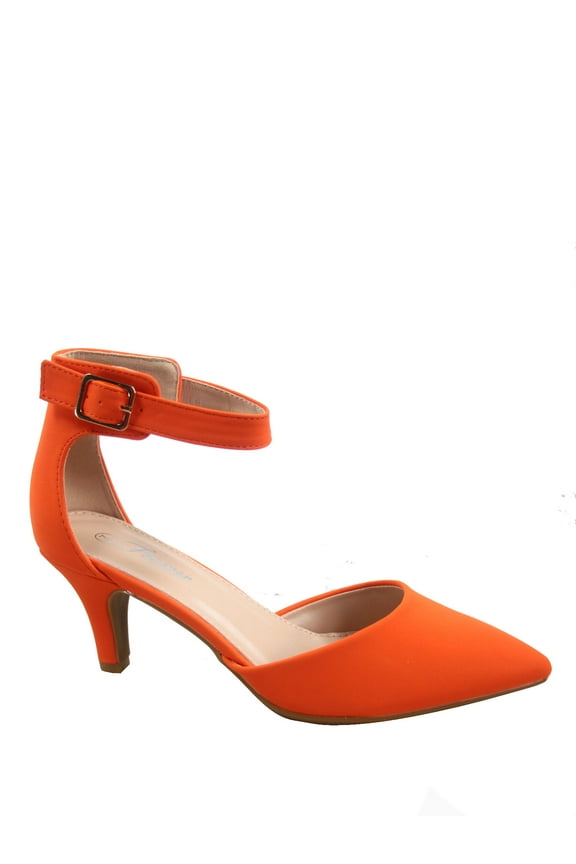 Sunrise-39 Women's Ankle Strap Buckle Pointy Toe Stiletto Low Heel Pumps ( Orange, 5.5 )