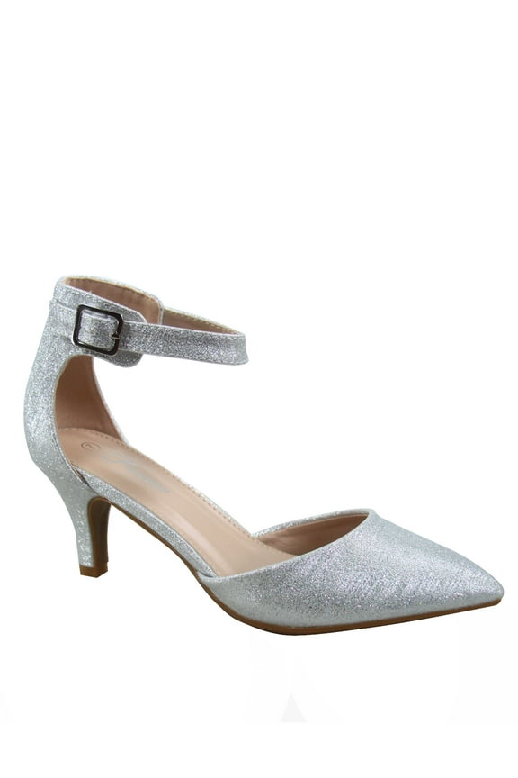 Sunrise-39 Women's Ankle Strap Buckle Pointy Toe Stiletto Low Heel Pumps ( Silver, 10 )