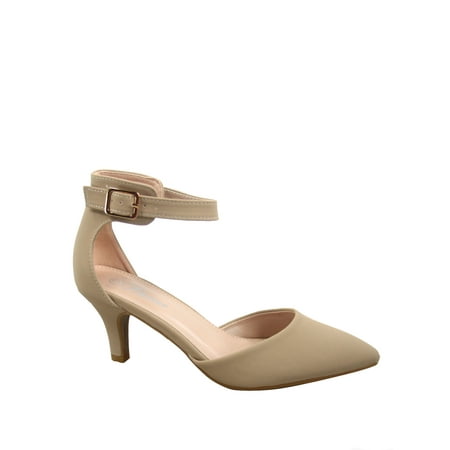 Sunrise-39 Women's Ankle Strap Buckle Pointy Toe Stiletto Low Heel Pumps ( Taupe, 5.5 )