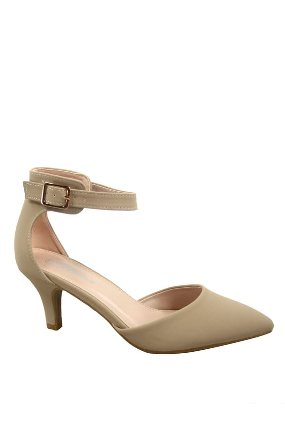 Sunrise-39 Women's Ankle Strap Buckle Pointy Toe Stiletto Low Heel Pumps ( Taupe, 7.5 )