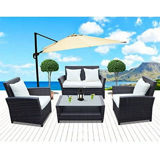 Sunrise 4 Piece Outdoor Patio Furniture Sets, Wicker Sofa Outdoor Garden Lounge Chair & Coffee Table, Brown