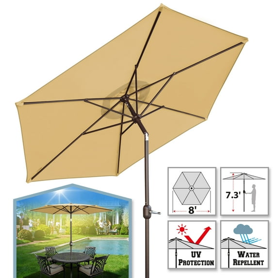 Sunrise 8' Outdoor Patio Umbrella Garden Parasol Market Sunshade with Tilt and Crank, 6 Ribs (Beige)