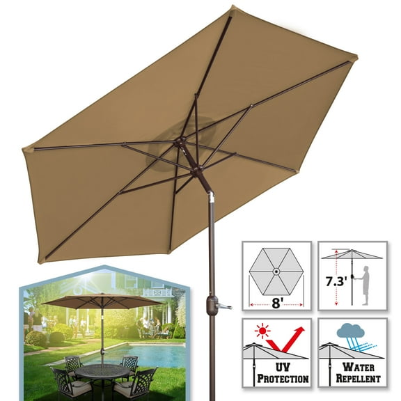 Sunrise 8' Outdoor Patio Umbrella Garden Parasol Market Sunshade with Tilt and Crank, 6 Ribs (Tan)