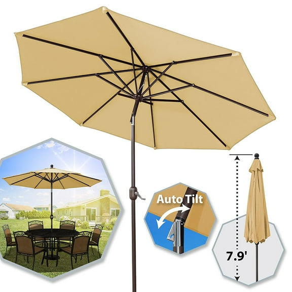 Sunrise 9' Outdoor Talbe Aluminum Patio Umbrella with Auto Tilt and Crank, Polyester Cover with 8 Aluminm Ribes (Beige)