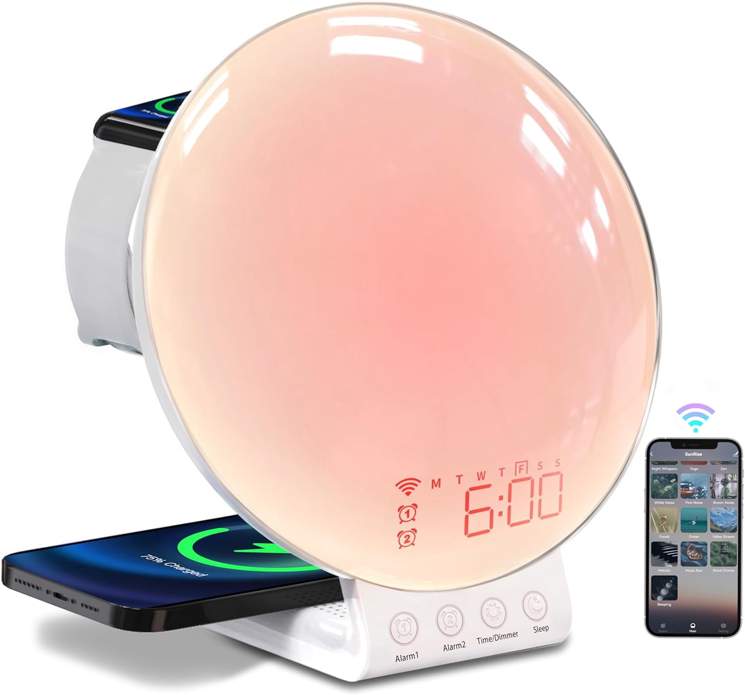 Sunrise Alarm Clock,3 in 1 Wireless Charging Station,White Noise Sound Machine,Wake up Light,Colored Sunrise,Sunset Simulation,Night Light Alarm Clocks for Heavy,Sleepers,Kids