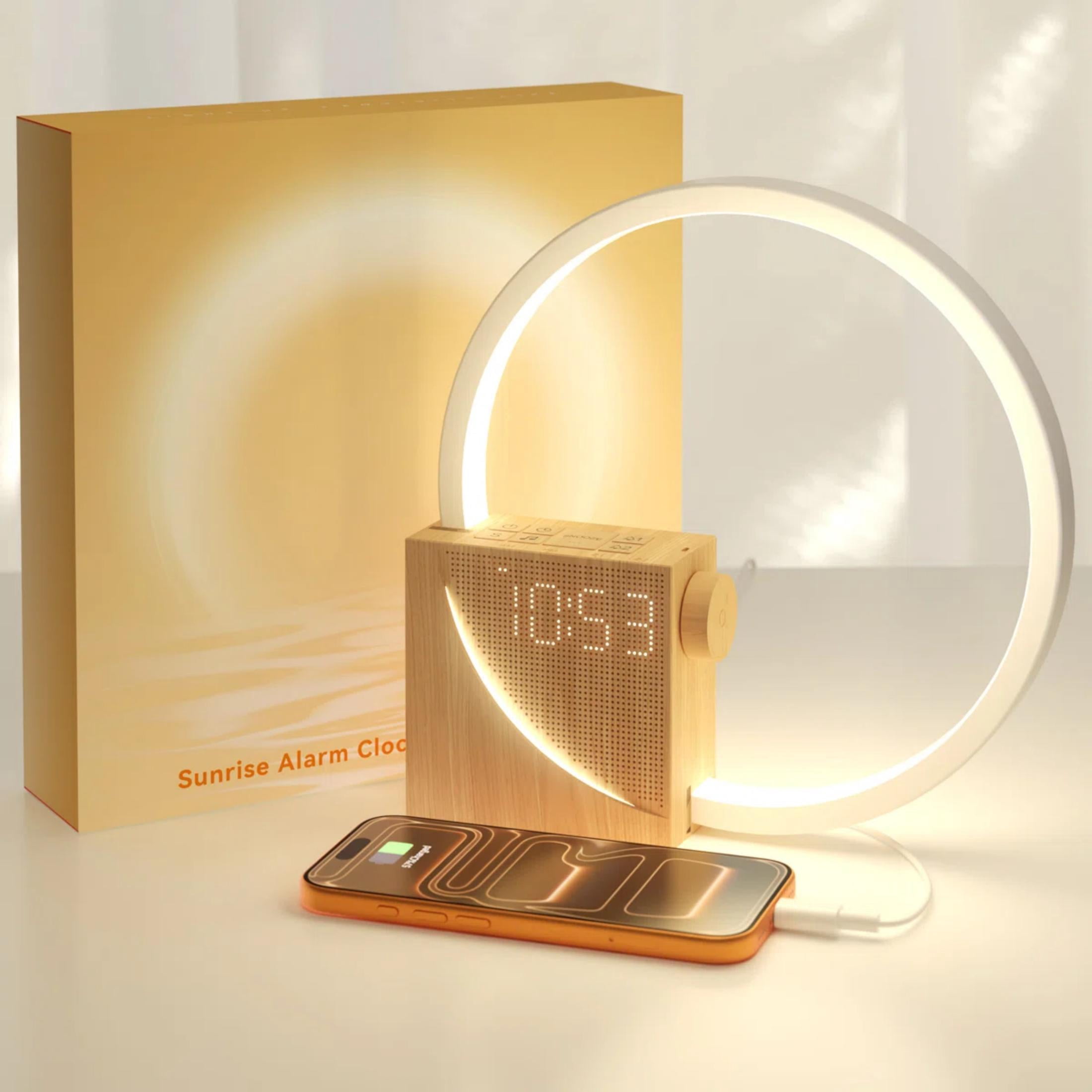 Sunrise Alarm Clock with Gradual Wake-up Light, 10 White Noise Sounds, Touch Dimmable Light & Dual Alarms with Snooze for Heavy Sleepers, Wood Grain