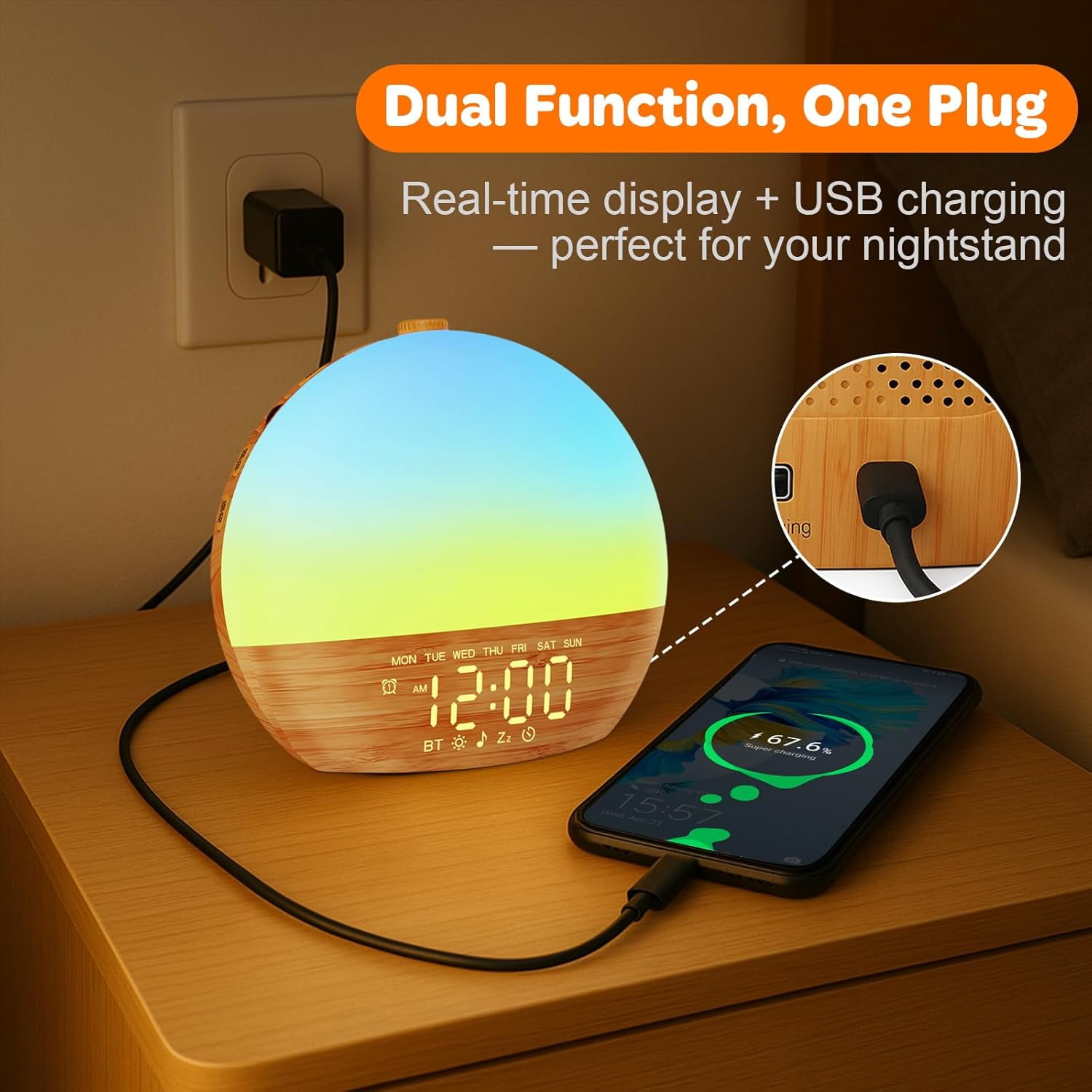 Sunrise Alarm Clock with Sound Machine Wake Up Light, Wood Grain, Bluetooth, Dual Alarm, Adjustable Brightness, 30 Soothing Sleep Sounds, White Noise for Baby & Adults