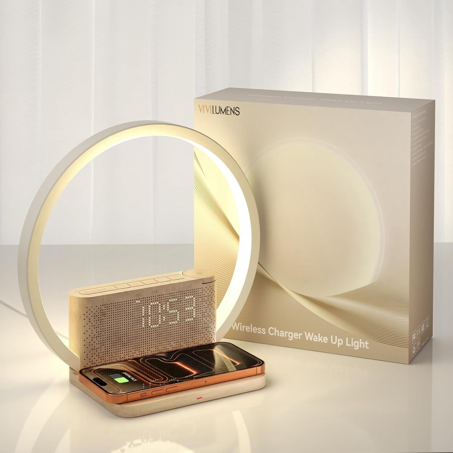 Sunrise Alarm Clock Wireless Charger, 10 White Noise Sound Machine with 30/60/90 Mins Timer, 3 Levels Touch Night Light Dual Clocks for Heavy Sleeper Bedroom Decor Gift Her