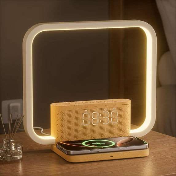Sunrise Alarm Clock with Wireless Charging Desk Touch Lamp 3 Level Dimmable Wake-up Light Bedside Lamps for Bedroom Living Room,Sunrise Lamp with 10 Natural White Noise Sound 30/60/90 Mins countdown
