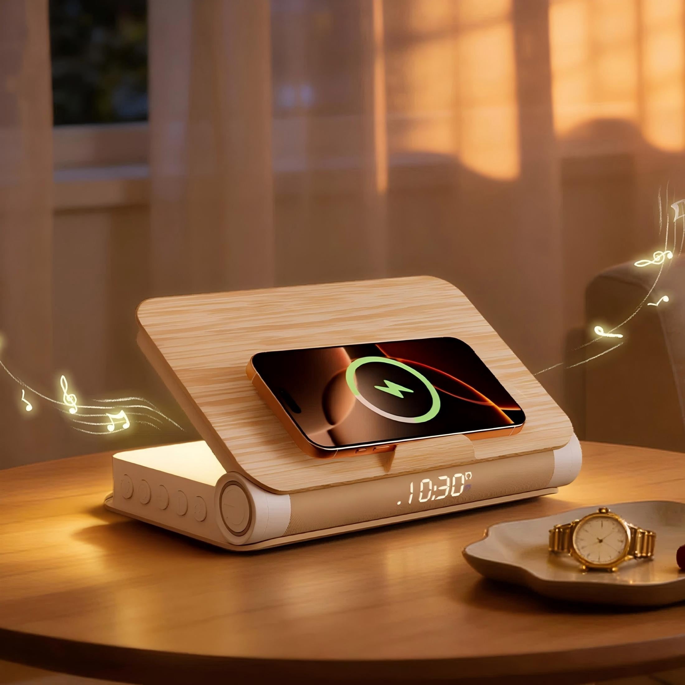 Sunrise Alarm Clock with Bluetooth Speaker, White Noise, Dimmable Lamp & Wireless Charging, Wood Grain Book Style