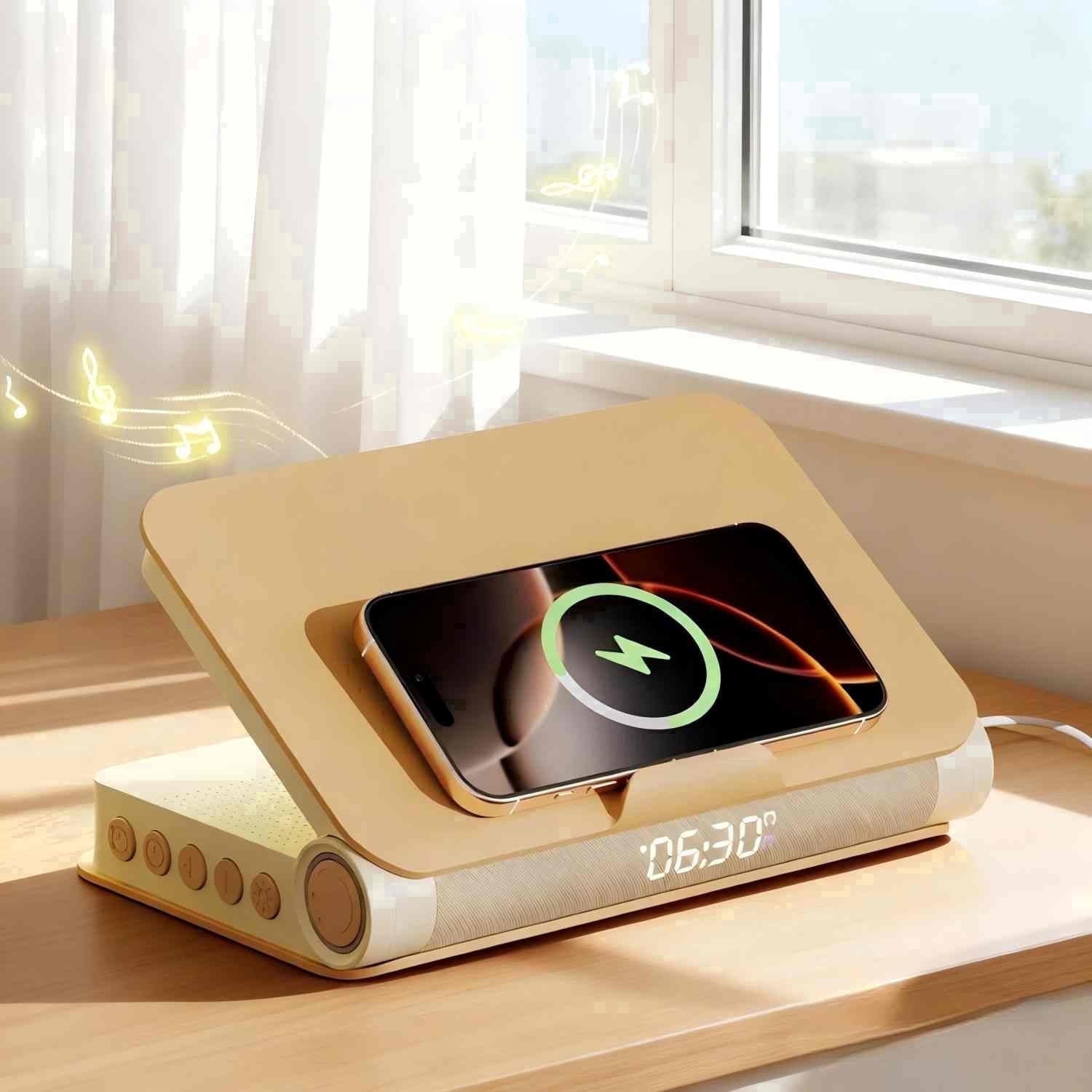 Sunrise Alarm Clock and Bluetooth Speaker with Wireless Charger, Book Lamp for Bedroom, Apricot