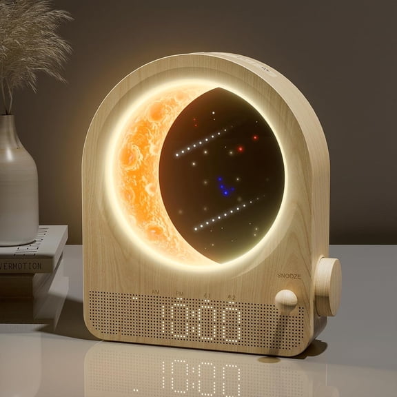 Sunrise Alarm Clocks for Bedrooms, Stepless Dimmable Moon Lamp Dual Clock with 12Levels Volume Heavy Sleepers, 10 Natural Sounds 30/60/90mins Timer, Gifts Women