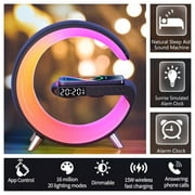 Smart Light Sunrise Alarm Clock, Ambience G-Shaped Night Light with Wireless Charging, Led Display White Noise Bluetooth Speaker with 256 Color Changes (Black)