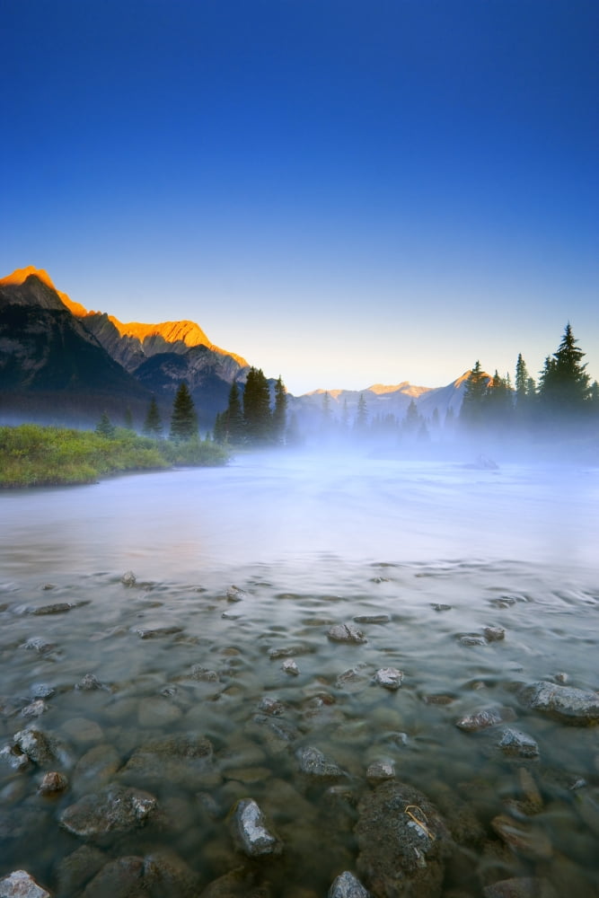 Sunrise And Early Morning Mist On Mountain River Canvas Art - Carson Ganci Design Pics (22 x 34)