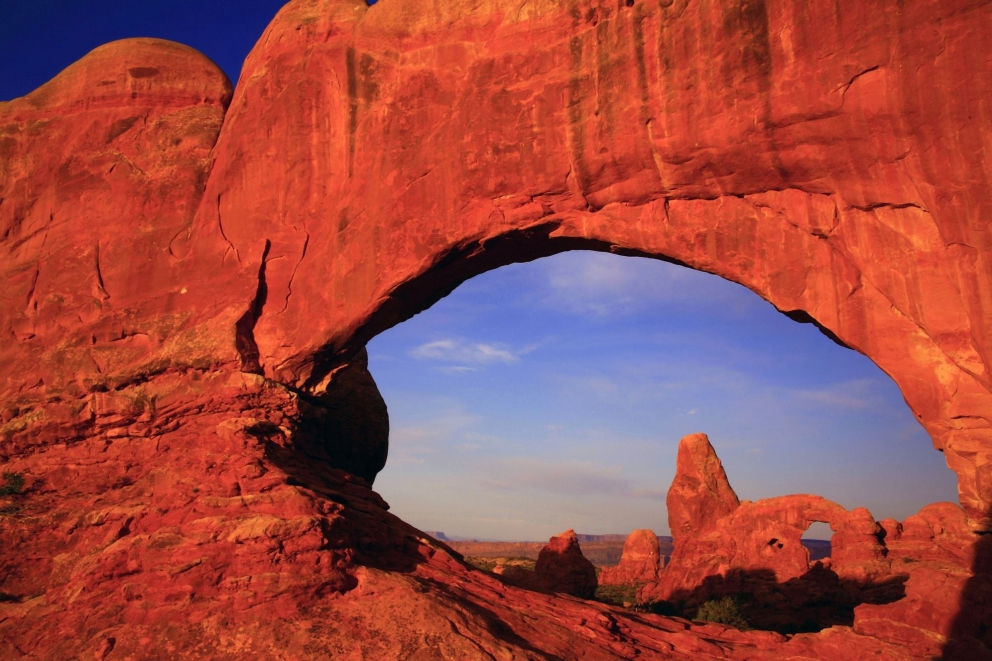 Sunrise At The Windows With Turret Arch Through The South Window Moab Desert Utah Canvas Art - Markos Berndt Design Pics (34 x 22)
