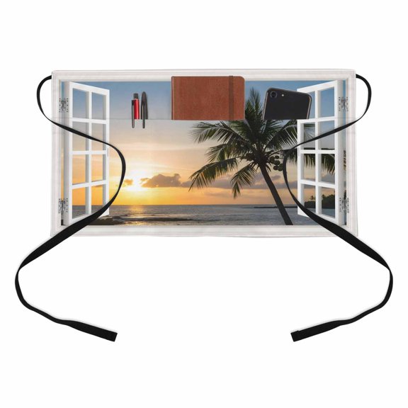 Sunrise Beach Kitchen Restaurant Half Waist Apron, Coconut Trees Seascape Windows View Server Short Apron with 3 Pockets Waterproof Oil Waist Aprons for Women Waitress Waiter