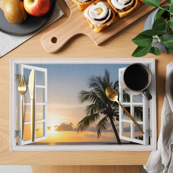 Sunrise Beach Placemats Set of 1, Coconut Trees Seascape Windows View Heat Insulated Linen Place Mats, Washable Stain-Proof Table Mats for Dining Tables Holiday Decor 13x19 Inches