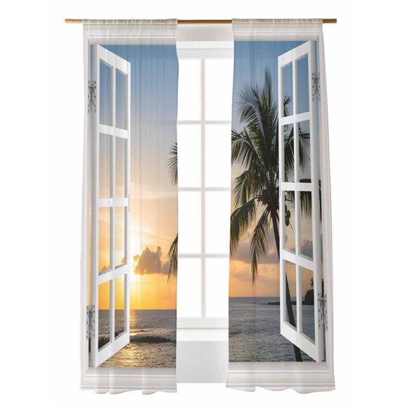 Sunrise Beach Sheer Curtains 2 Panels Set Coconut Trees Seascape Windows View Lihgt Filtering Rod Pocket Voile Drape, Semi Sheer Window Curtains for Bedroom Living Room, 52"x84"
