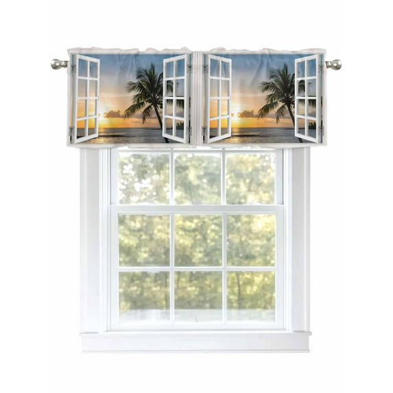Sunrise Beach Valances for Windows Coconut Trees Seascape Windows View Rod Pocket Curtains Valance Short Window Treatment Drapes for Living Room, Bedroom Bathroom 56" W x 16" L