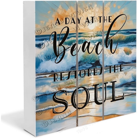 Sunrise Beach Wave A Day At The Beach Restores The Soul Wooden Box Sign Inspiration Quote Beach Gifts Rustic Home Decor Shelf Decorations for Home Office Wood Block Signs 5x5 in