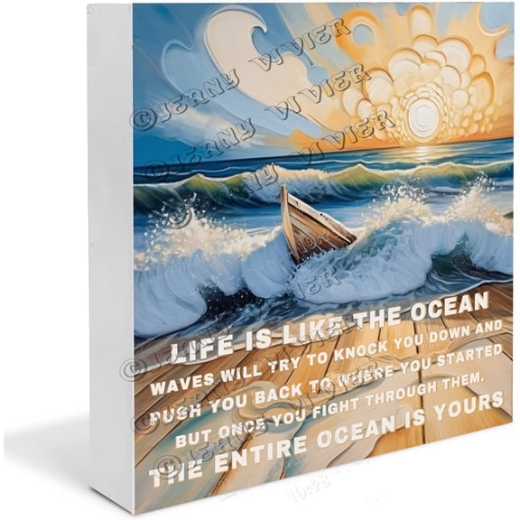 Sunrise Beach Wave Life Is Like The Ocean Wooden Box Sign Inspiration Quote Beach Gifts Boho Desk and Shelf Decor Centerpiece Wooden Box Wood Block Signs 5x5 in