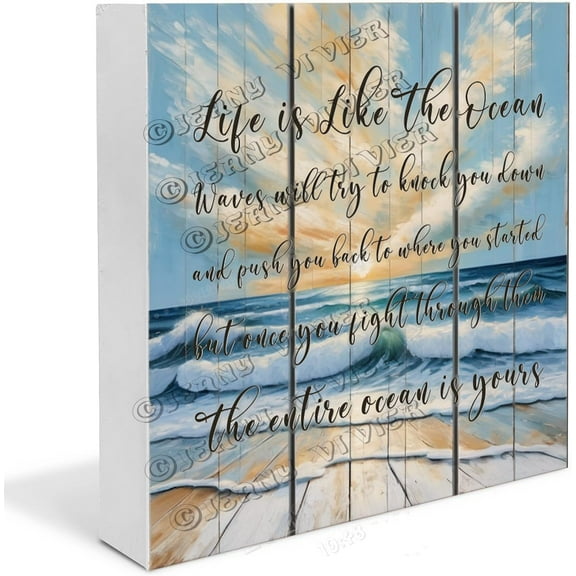Sunrise Beach Wave Life Is Like The Ocean Wooden Box Sign Inspiration Quote Beach Gifts Cute Desk Shelf Decor Centerpiece Table Decorations Wood Block Signs 5x5 in