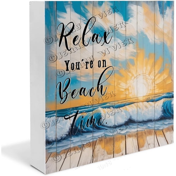 Sunrise Beach Wave Relax You're On Beach Time Wooden Box Sign Inspiration Quote Beach Gifts Small Desk Shelf Decor Decorative Centerpieces for Shelf Wood Block Signs 5x5 in