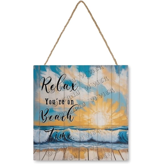 Sunrise Beach Wave Relax You're on Beach Time Wooden Sign MDF Hanging Wood Plaques for Office Bedroom Living Room Home Art Funny Bathroom Decor 12x12 Inch