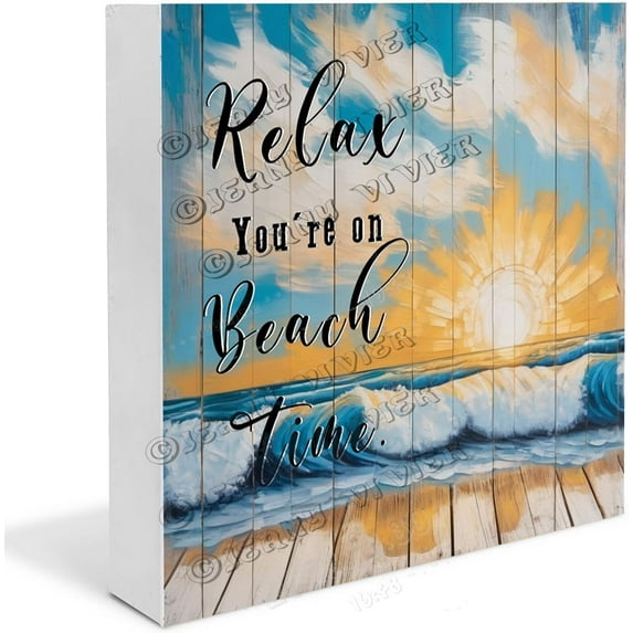Sunrise Beach Wave Relax You're On Beach Time Wooden Box Sign Inspiration Quote Beach Gifts Small Desk Shelf Decor Decorative Centerpieces for Shelf Wood Block Signs 7x7 in