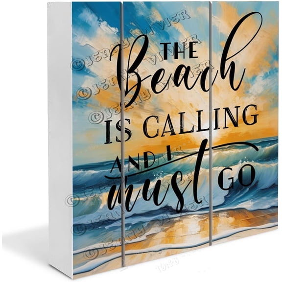 Sunrise Beach Wave The Beach Is Calling And I Must Go Wooden Box Sign Inspiration Quote Beach Gifts Office Desk Shelf Decor Small Centerpieces for Shelf Wood Block Signs 7x7 in