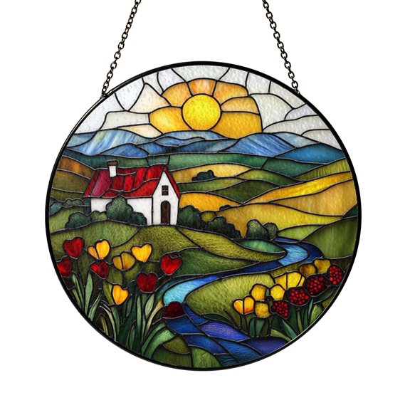 Sunrise Cottage Scene Glass Window Art, Decorative Stained Glass Style Nature Panel
