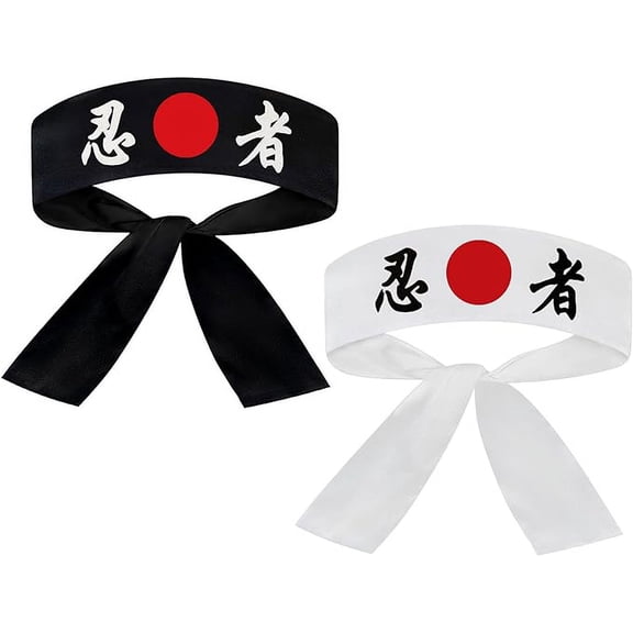Sunrise Cotton Tie on Headband ( 1 White + 1 Black) For Sports/ Exercise / Cooking (Ninja)