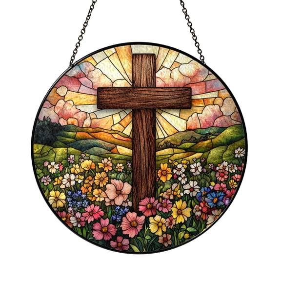 Sunrise Cross Round Window Suncatcher, Stained Glass Style Floral Panel, Spiritual Home Accent Gift