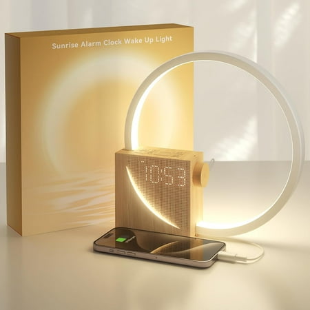 Sunrise Digital Alarm Clock, White Noise Sound Machine, Sleep Aid Timer with USB Port, Dimmable Digital Clocks Display, Snooze,10 Ringtones for Heavy Sleepers, for Adult Kid