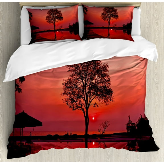 Sunrise Duvet Cover Set, Silhouette of Misty Twilight Sky with Tree and Nature Reflections Exotic Image, Decorative 3 Piece Bedding Set with 2 Pillow Shams, Calking Size, Black Ruby, by Ambesonne