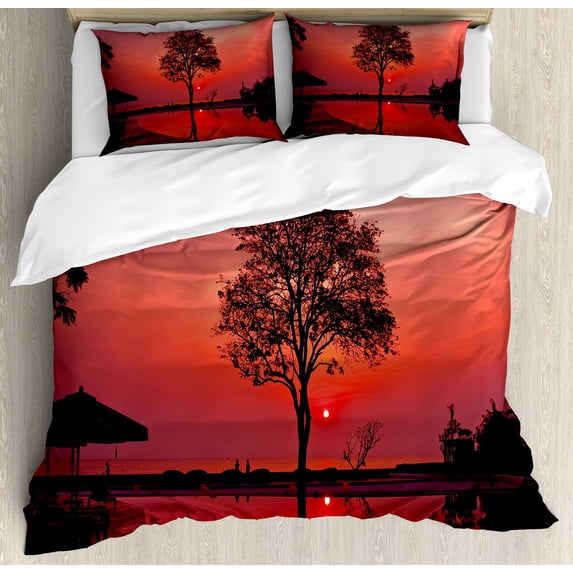 Sunrise Duvet Cover Set, Silhouette of Misty Twilight Sky with Tree and Nature Reflections Exotic Image, Decorative 3 Piece Bedding Set with 2 Pillow Shams, King Size, Black Ruby, by Ambesonne