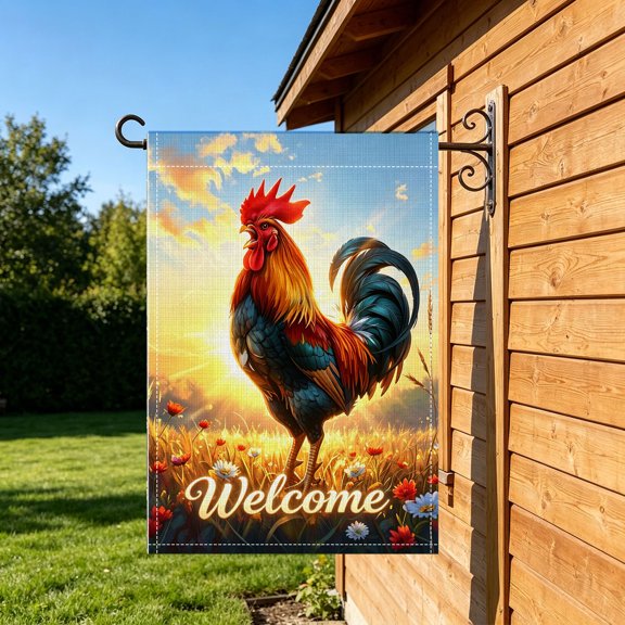 Sunrise Farm Rooster Welcome Double Sided Garden Flag, 12x18 Inch, Lawn Spring Party Housewarming Decor Gift, No Flagpole