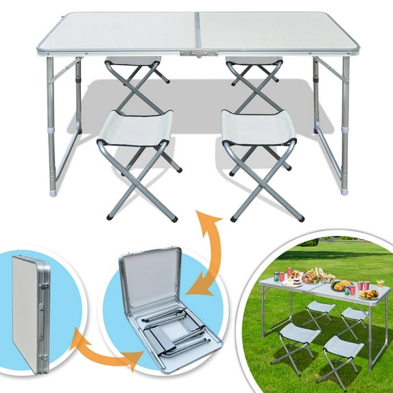 Sunrise Foldable, Adjustable Camping, Picnic Table, with 4 Chairs, for Outdoor or Indoor Use, White Color
