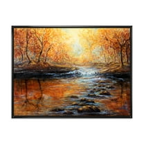 Sunrise Glow In The Autumn Forest 20 in x 12 in Framed Painting Canvas Art Print, by Designart