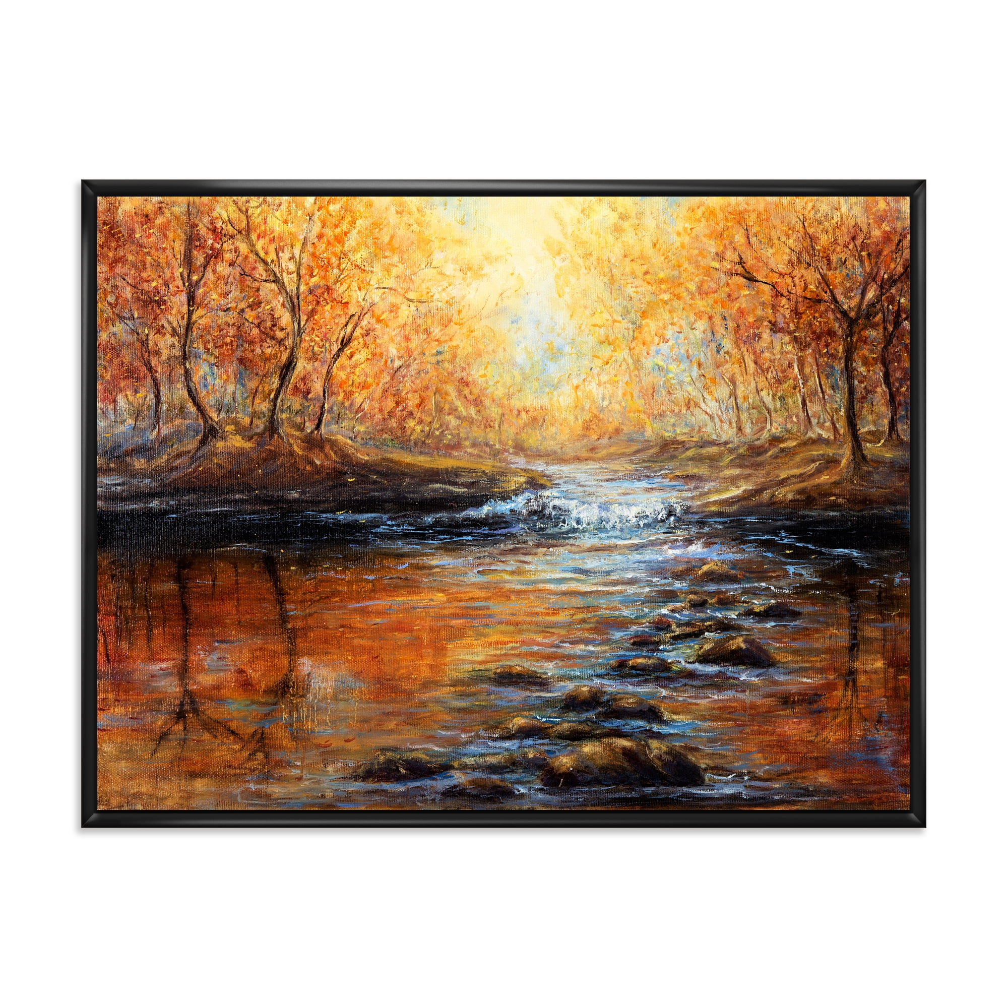 Sunrise Glow In The Autumn Forest 32 in x 24 in Framed Painting Canvas Art Print, by Designart