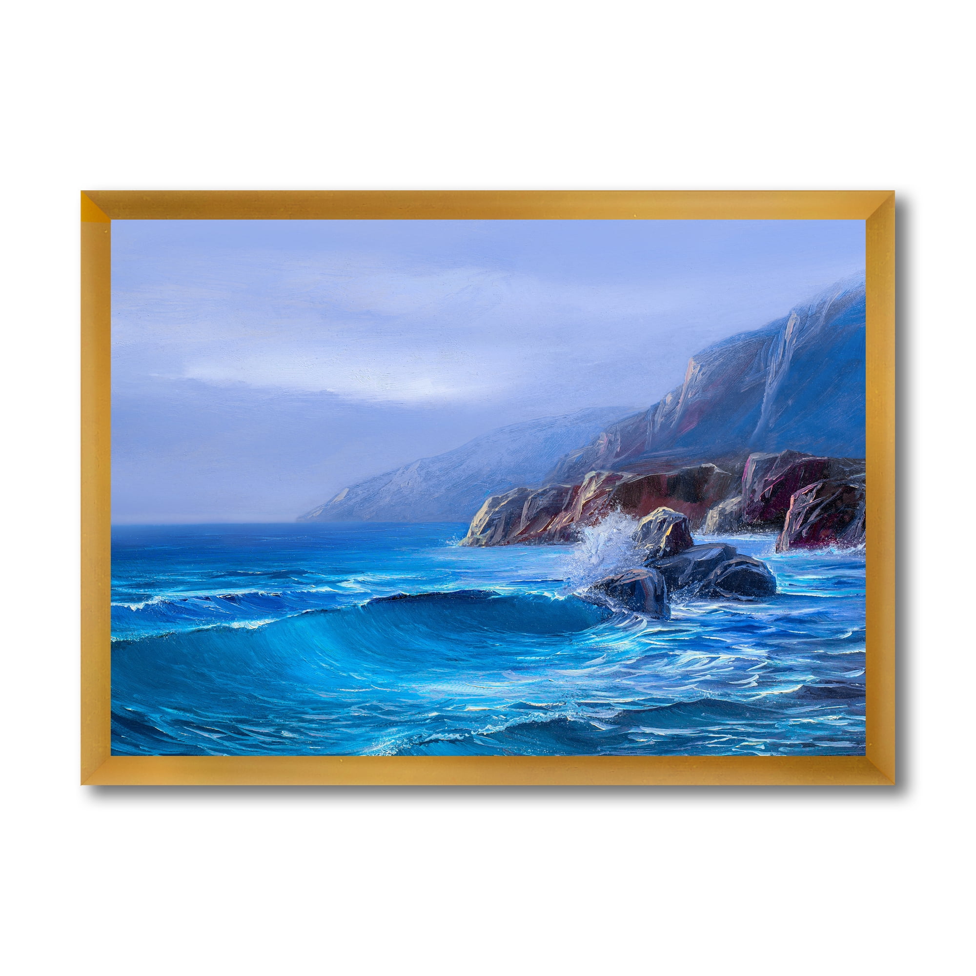 Sunrise Glow On Sea Wave Paints On A Canvas 32 in x 16 in Framed Painting Canvas Art Print, by Designart